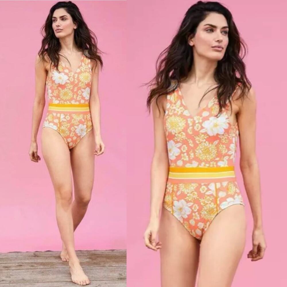 Floral Coral One-Piece Swimsuit with Yellow Band